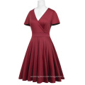 Hanna Nikole Dark Red Short Sleeve V-Neck Plus Size Bridesmaid Swing Summer Dress HN0017-1